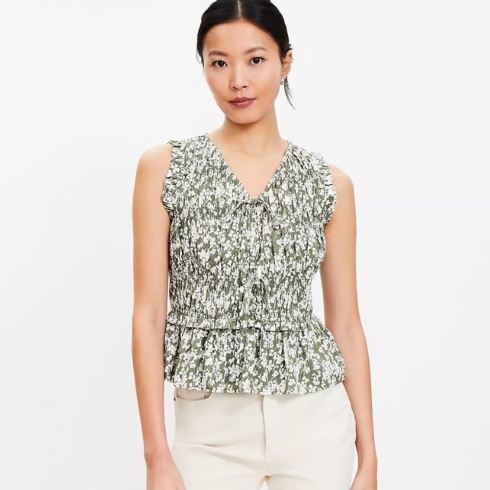 LOFT Olive Green Floral Sleeveless Ruffled Cotton Peplum Blouse